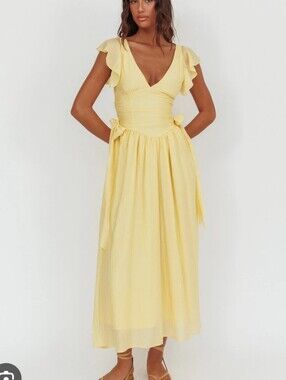 NWT Selfie Leslie Elsewhere Waist Bows Yellow V-Neck Flutter Sleeve Maxi Dress S